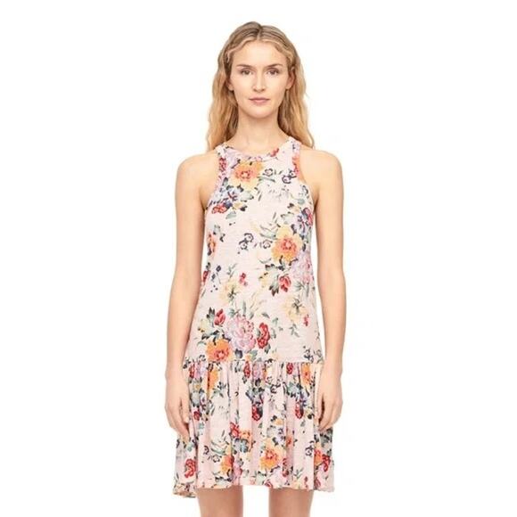 Rebecca Taylor Dress 100% Linen L Drop Waist Marlena Floral Jersey Powder Pink - Picture 1 of 16